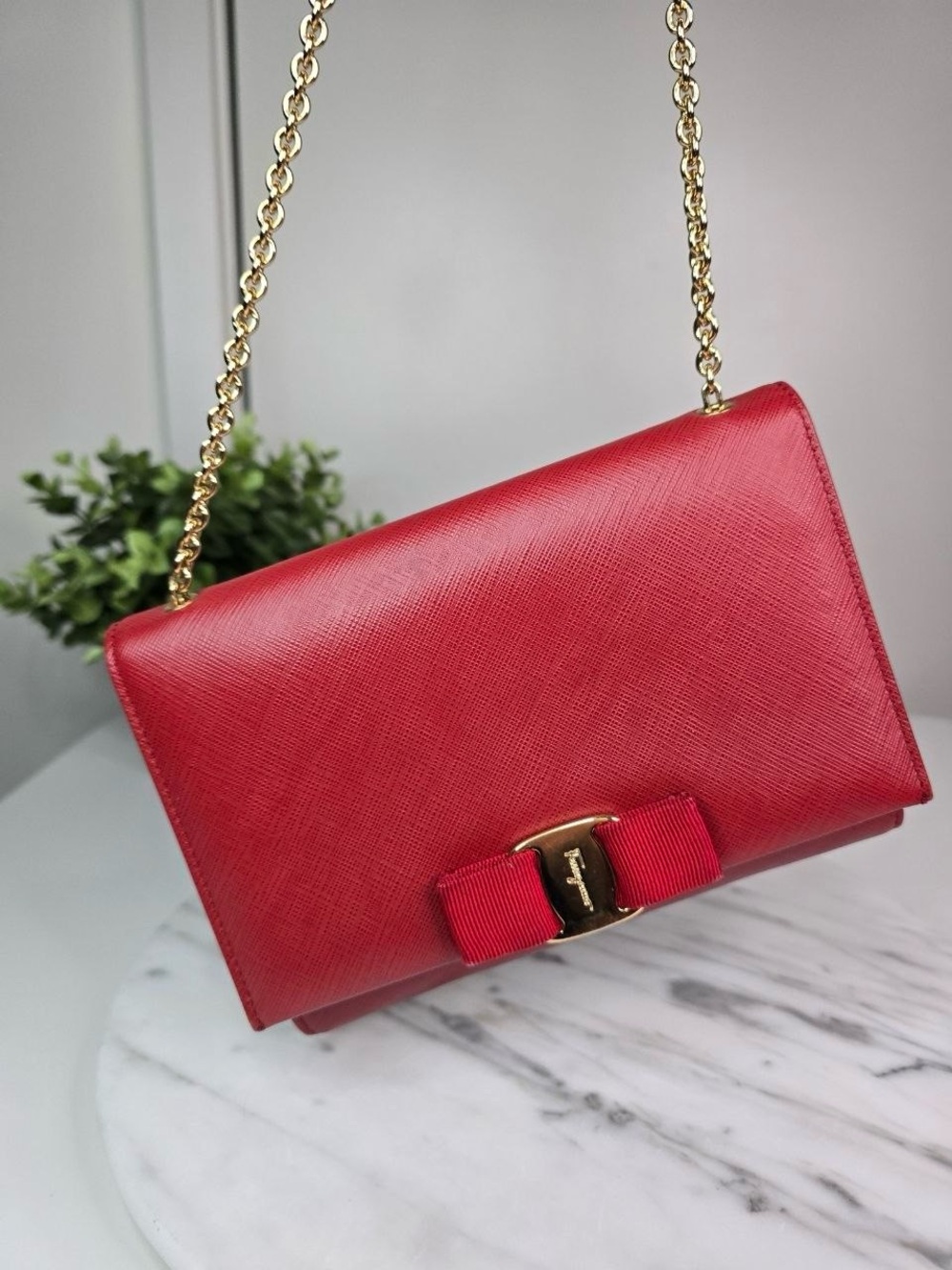 Salvatore Ferragamo Vara Bow Chain Clutch (Made in Italy)